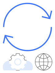 Circular arrows indicate process flow above gear and globe icons, symbolizing integration, innovation, and connectivity. Ideal for technology, system updates, workflow, globalization, teamwork