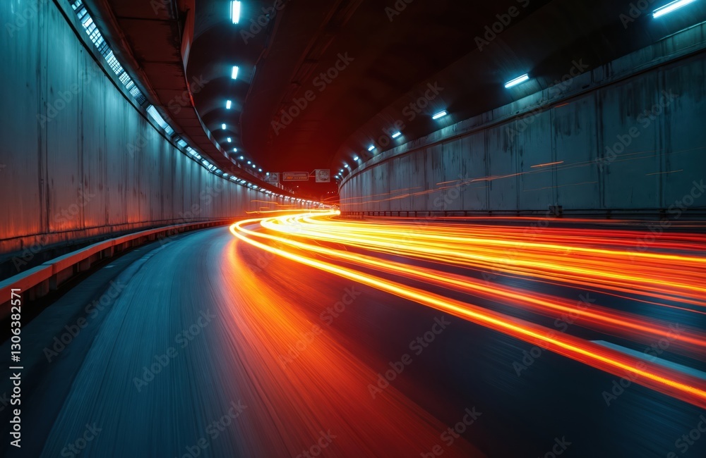 Poster long exposure shot of orange car headlights, taillights streaking in tunnel at night, creating dynam