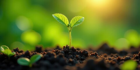 A tiny sprout emerges from rich soil, bathed in the warm glow of the morning sun, symbolizing new life and growth in a vibrant natural environment.