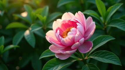 A Delicate Pink Peony Blossom Basking in the Warmth of Golden Sunlight, Gracefully Nestled Amongst Lush, Vibrant Green Foliage