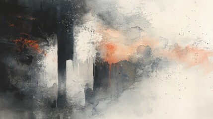 Abstract watercolor painting with black, white, and orange brush strokes