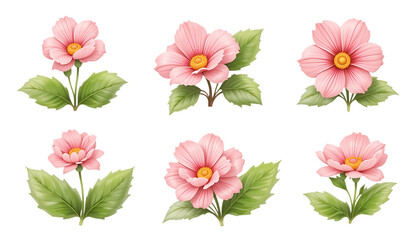 Obraz premium set of Kawaii Pink Flower with Green Leaves