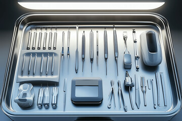 Obraz premium A collection of precision tools arranged neatly on a metal tray, including dental, surgical, and medical instruments, in a sterile environment.