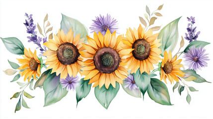 A dynamic watercolor arrangement of sunflowers, purple asters, and wildflowers for a colorful and natural look