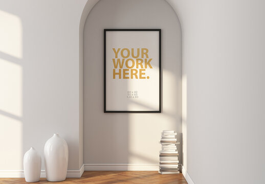 Vertical poster with black frame mockup hanging on wall