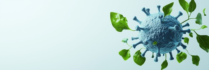 A surreal representation of a virus with green leaves sprouting from its surface, symbolizing environmental impact on health