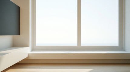 Fototapeta premium Minimalist interior design featuring large window and serene ocean view