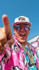 Man pointing, sunny day, graffiti wall