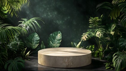 Wooden podium surrounded by tropical plants in dark jungle backdrop