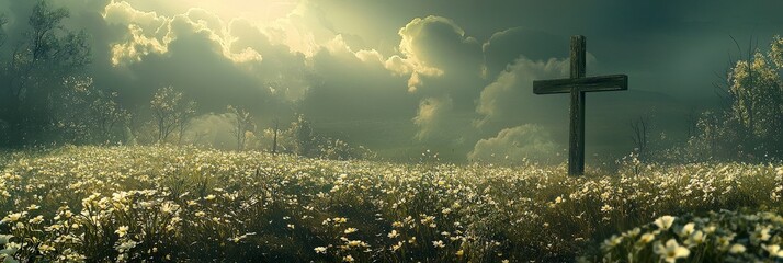 Naklejka premium Serene Field with Wooden Cross Under a Cloudy Sky