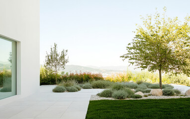Modern garden landscape with greenery and natural light in serene hillside setting