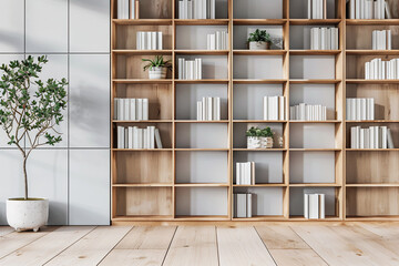 Modern home office with a custom built bookcase, wooden shelves and blank decorative items mockup. Functional backdrop for video conferencing