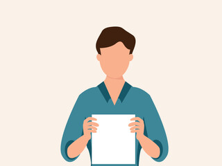 portrait of young men holding empty white paper sheet or  showing blank sign poster over isolated background. vector and illustration.