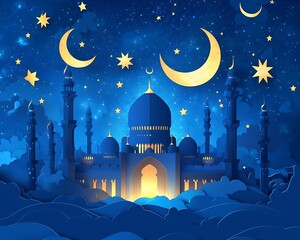 Mosque shines at night under moons and starry sky