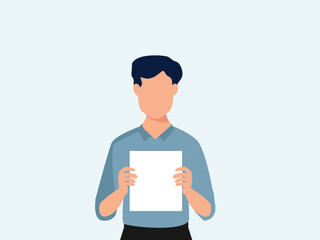 portrait of young men holding empty white paper sheet or  showing blank sign poster over isolated background. vector and illustration.