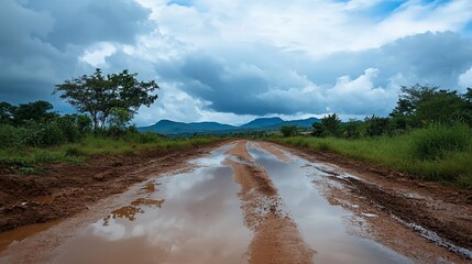 Scenic Muddy Road Reflecting Cloudy Sky in Rural Landscape