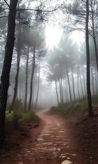 Naklejka premium Mystical Path into Serenity A Tranquil Walk Through a Fog-Kissed Pine Forest Landscape