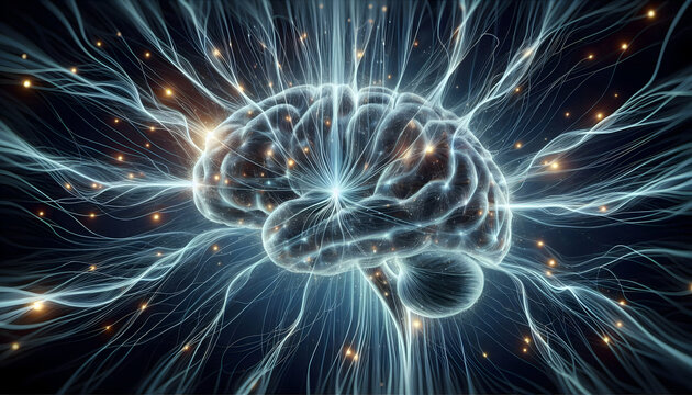 Law of attraction The dynamic movement of neurons in a transparent brain, illustrating the constant flow of thoughts and their connection to the energy that attracts positive experiences