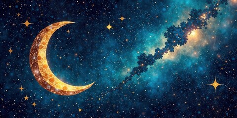 Naklejka premium Crescent Moon Glimmering in a Celestial Tapestry of Stars and Floral Nebulae