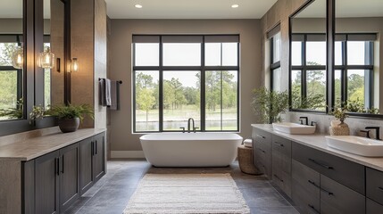 Modern bathroom with freestanding tub and large windows overlooking nature