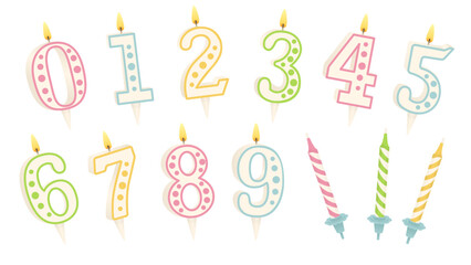 Set of number cake candles. Numbers 0-9 and vertical striped candles on cake toppers. Anniversary celebration. Birthday party. Festive decorations. Vector illustration isolated on white background.