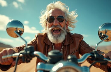 Enthusiastic senior biker rides motorbike on desert road. Bearded elderly man in sunglasses, leather jacket enjoys trip. Active pensioner travels motorcycle. Freedom, happy retirement, adventure.