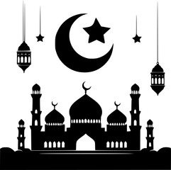 Silhouette of a Mosque, Crescent Moon, and Lanterns, Perfect for Islamic Celebrations