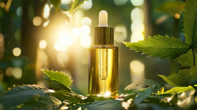 A glass dropper bottle filled with golden botanical serum is elegantly placed among green leaves in a sunlit forest. The warm sunlight filtering through the foliage highlights the purity and natural 