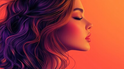 Profile of young female with colorful hair on orange background