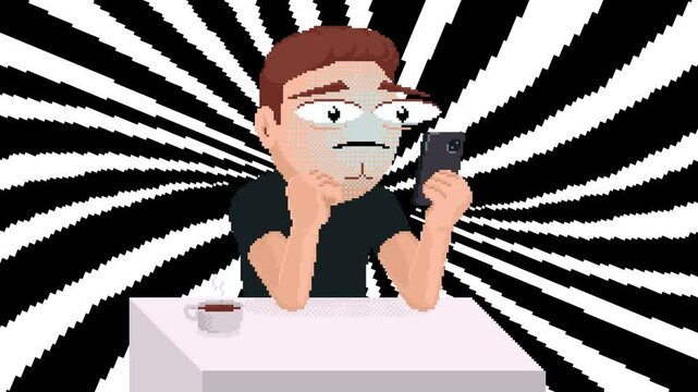 Pixel art animation of doomscrolling concept - man absorbed in reading bad news, negative information in internet. Sad and confused person with phone on swirling background.