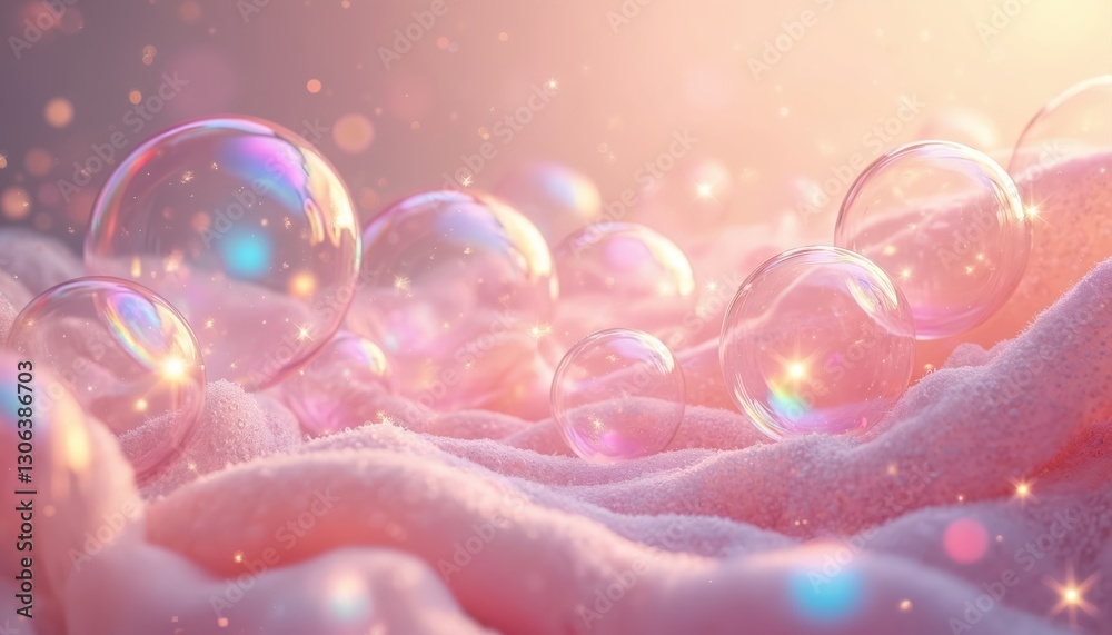 Poster panoramic banner of soap bubbles floating on pink surface. light airy spheres with rainbow iridescen