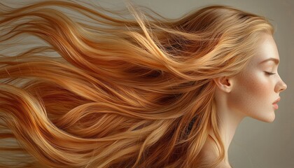 Fototapeta premium Haircare and scalp care concept. Golden hair flowing gracefully with a serene expression on a model's face.