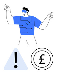 Man wearing augmented reality glasses with circuit design on shirt pointing outward. Nearby warning icon and currency symbol. Ideal for technology, finance, innovation, AR, cybersecurity, risk