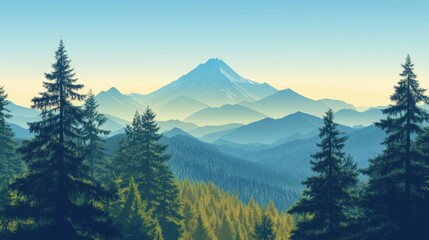 Low-Poly Mountain Landscape with Evergreen Trees and Clear Blue Sky