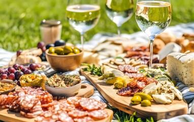 Fototapeta premium Delicious Summer Picnic Food Platter with Salami, Cheese, and Wine