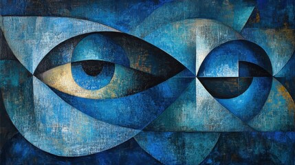 Abstract geometric art with blue and gold interlocking eyes motif