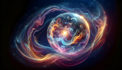 Obraz premium Law of attraction A glowing energy sphere hovering in space, emitting swirling waves of vibrant light, representing th3