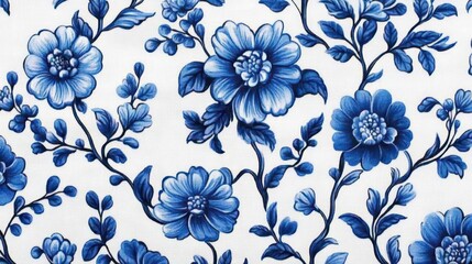 Blue floral pattern on white background with intricate botanical design