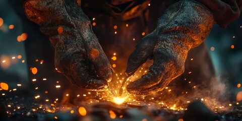 Blacksmith welding metal rod creating sparks and smoke in workshop