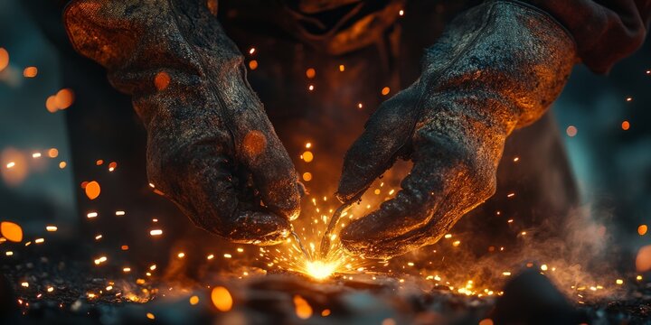 Blacksmith welding metal rod creating sparks and smoke in workshop