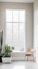 Fototapeta premium Natural light floods a minimalistic interior with plants and a wooden chair by the window