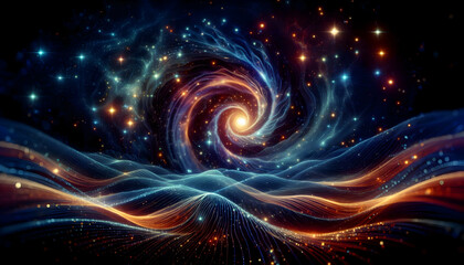 Obraz premium Law of attraction A dark, starry background with swirling waves of energy in blue, orange, and purple, made up of glow3