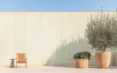 Relaxing outdoor space with plants and minimalist furniture in a sunny location