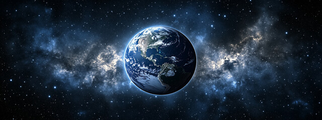 Obraz premium Earth globe floating in a dark, starry space with a soft ambient glow, minimalistic and abstract design, simple representation of planet Earth in cosmic environment.