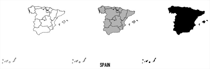 Spain - set of black, solid black, grey outline border map of country area. Simple flat vector illustration.