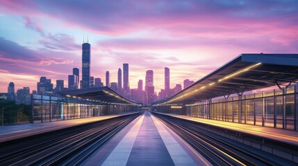 Obraz premium A modern train station at dusk, featuring illuminated platforms and city skyline.