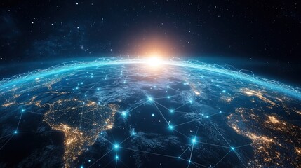 Obraz premium A digital rendering of satellites forming a global network, connecting continents with glowing lines