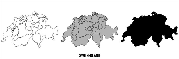 Switzerland - set of black, solid black, grey outline border map of country area. Simple flat vector illustration.