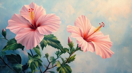Delicate pink hibiscus flowers blooming under soft pastel light in a serene setting