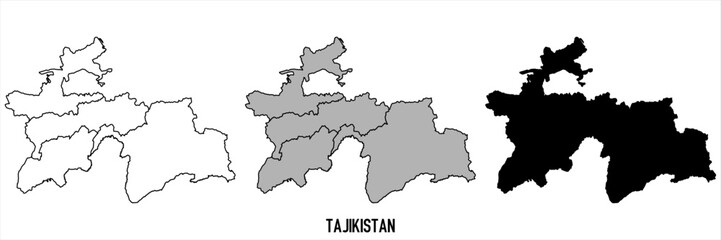 Tajikistan - set of black, solid black, grey outline border map of country area. Simple flat vector illustration.